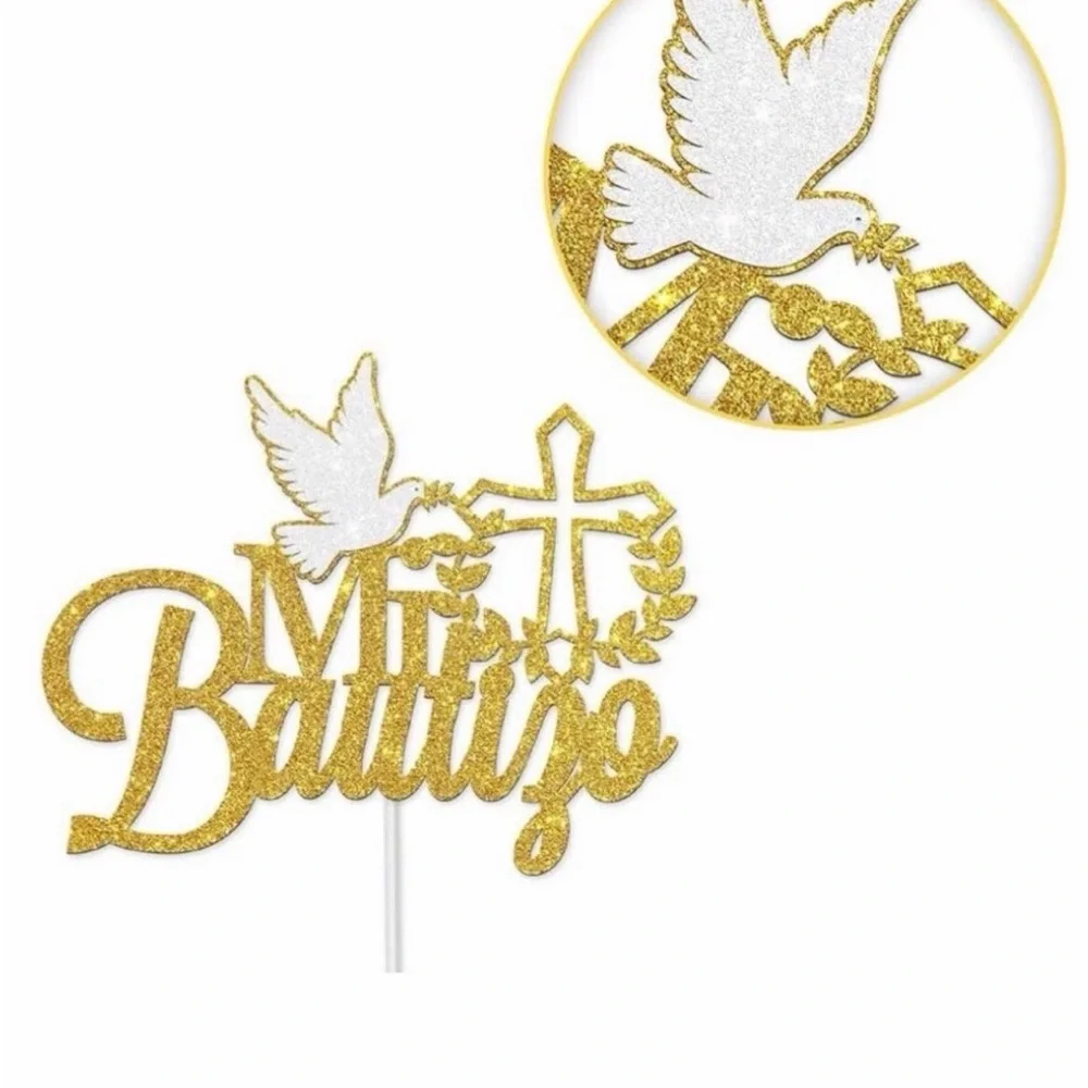 Gold 'Mi Bautizo' Cake Topper with Dove and Cross – Baptism Celebration Decor